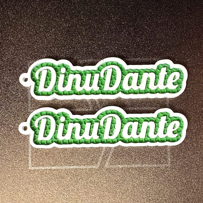 Two DinuDante script name keyrings printed in green with a white outline, resting on a print bed